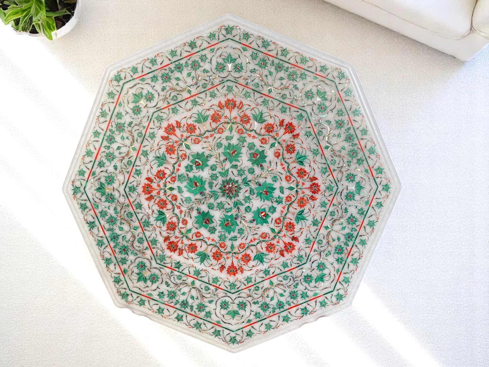 White Marble Side Table Top with Floral Marquetry Inlay Masterpiece